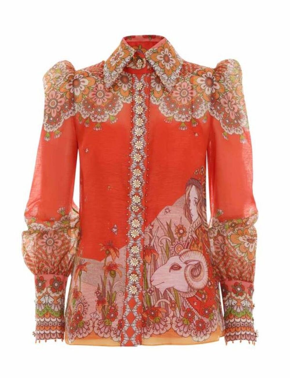 Zimmermann Kaleidoscope Zodiac Aries Top Shirt Red Orange Floral Linen Silk 0P